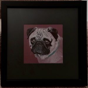 Original Pug Breed Portrait in Gouache Watercolor on Burgundy Art Board Framed